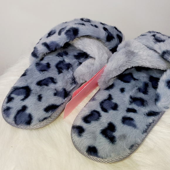 NWT NING Grey Leopard Animal Print Faux Fur House Slipper Slide Sandals 11-11.5 - Picture 4 of 7